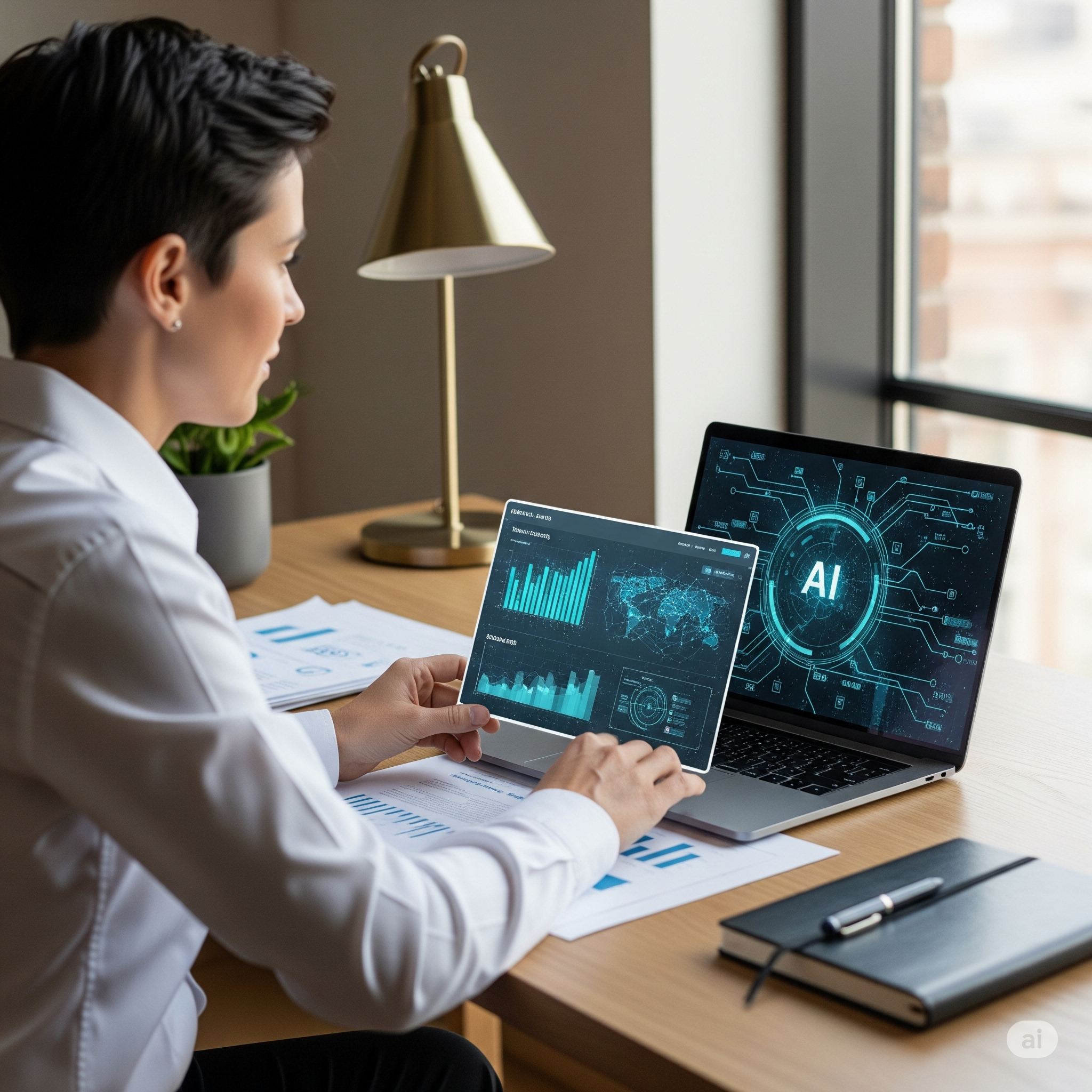 Person sitting at desk using laptop and tablet to work on a project using AI.